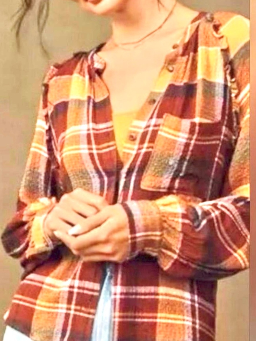 Anthropologie Relaxed Plaid Button Down Long Sleeve Top Boho Airy Comfy Sz XL